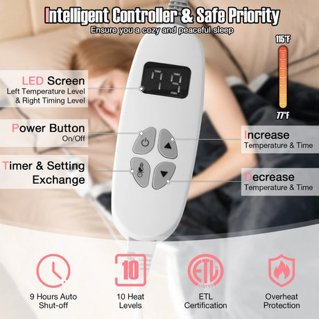 154 x 130 CM Reversible Electric Heated Blanket with 10 Heat Settings-Dark Grey