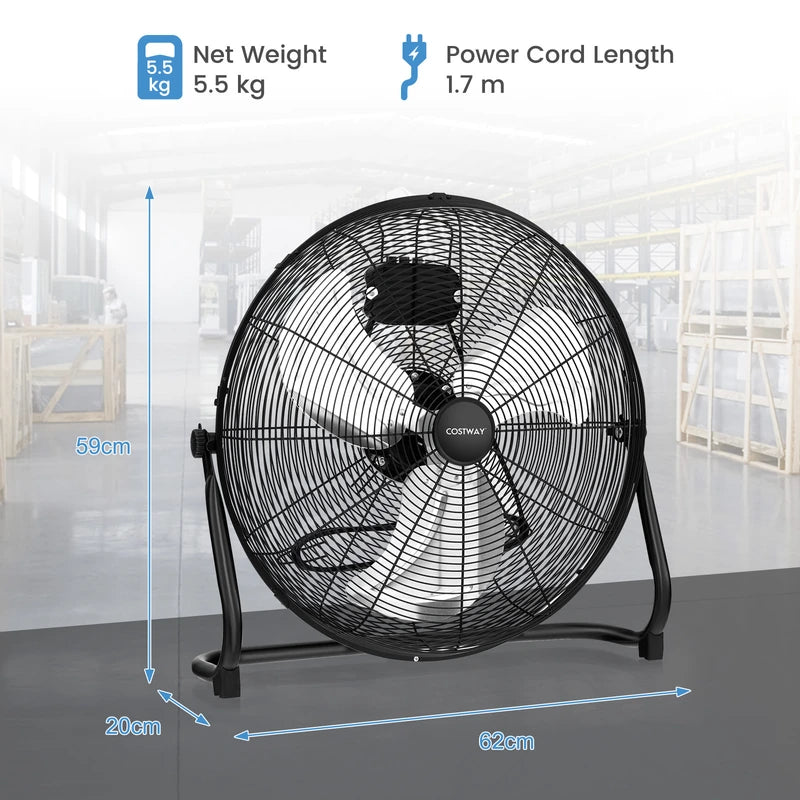 160W High Velocity Floor Fan with 3 Speed and Adjustable Tilting Head-Black