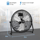 160W High Velocity Floor Fan with 3 Speed and Adjustable Tilting Head-Black