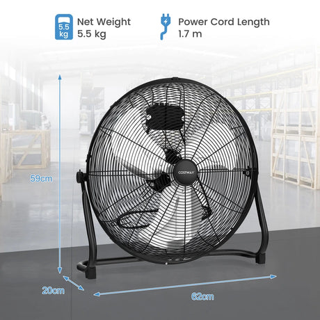160W High Velocity Floor Fan with 3 Speed and Adjustable Tilting Head-Black