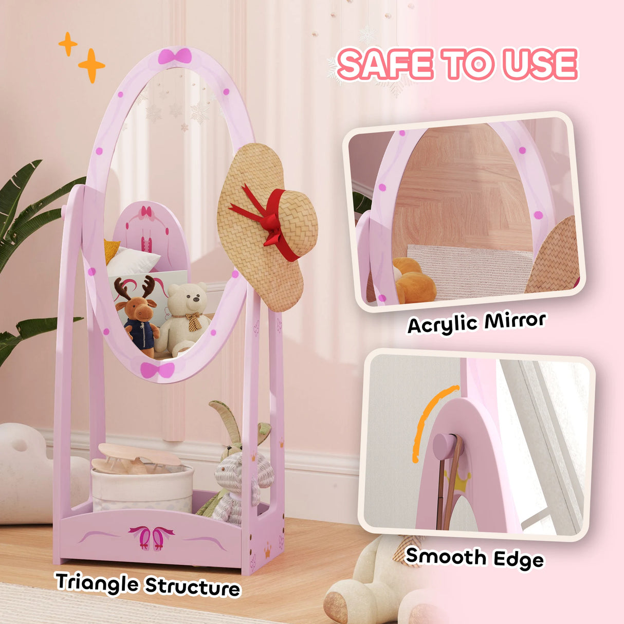 AIYAPLAY Kids Clothes Rail, Kids Dressing Mirror with 360 Rotating, 2 Piece Kids Furniture Set with Storage Shelves, Pink