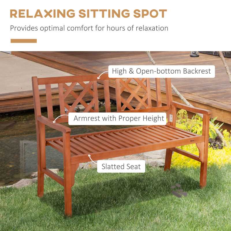 Outsunny Foldable Garden Bench, 2-Seater Patio Wooden Bench, Loveseat Chair with Backrest and Armrest for Patio, Porch or Balcony, Brown