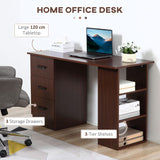 HOMCOM Computer Desk, Writing Table, PC Workstation with 3 Storage Shelves and Drawers, Black Handle, for Home Office, Walnut Brown