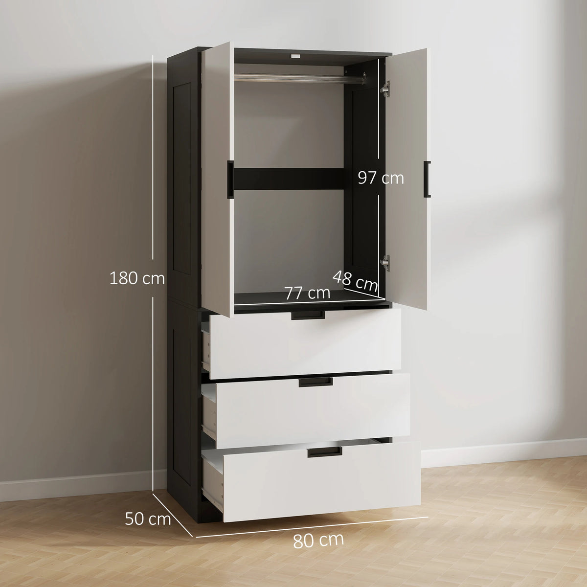 HOMCOM 2 Door Wardrobe, Modern Wardrobe with 3 Drawers and Hanging Rod for Bedroom, High Gloss White
