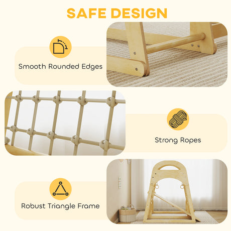 AIYAPLAY 6 in 1 Kids Climbing Frame with Slide, Monkey Bars, Gymnastics Rings, Ladder, Climbing Net, for 3-6 Years, Natural Tone