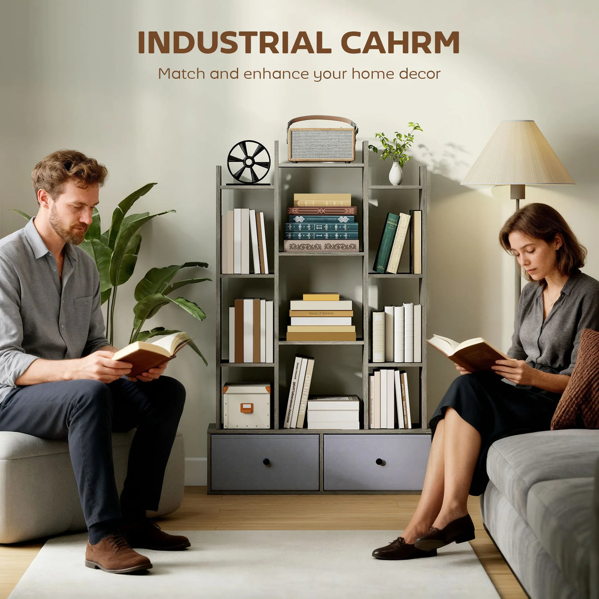 HOMCOM 12 Shelf Storage Unit, with Drawers - Graphite Wood Effect