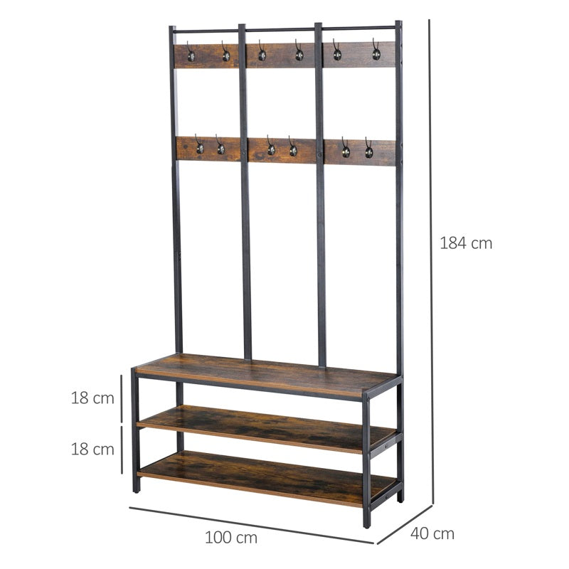 HOMCOM Coat Rack Stand, Free Standing Hall Tree, Coat Stand with Hooks, Bench and Shoe Rack, 100cm x 40cm x 184cm, Industrial Style, Rustic Brown and Black