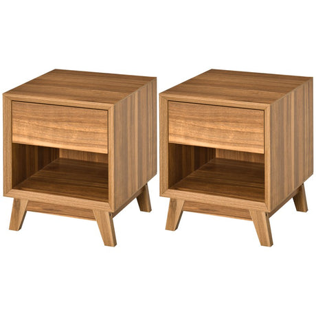 HOMCOM Modern Bedside Table Nightstand, Living Room End Table, Side Table with Drawer and Shelf, Set of 2, Walnut Brown