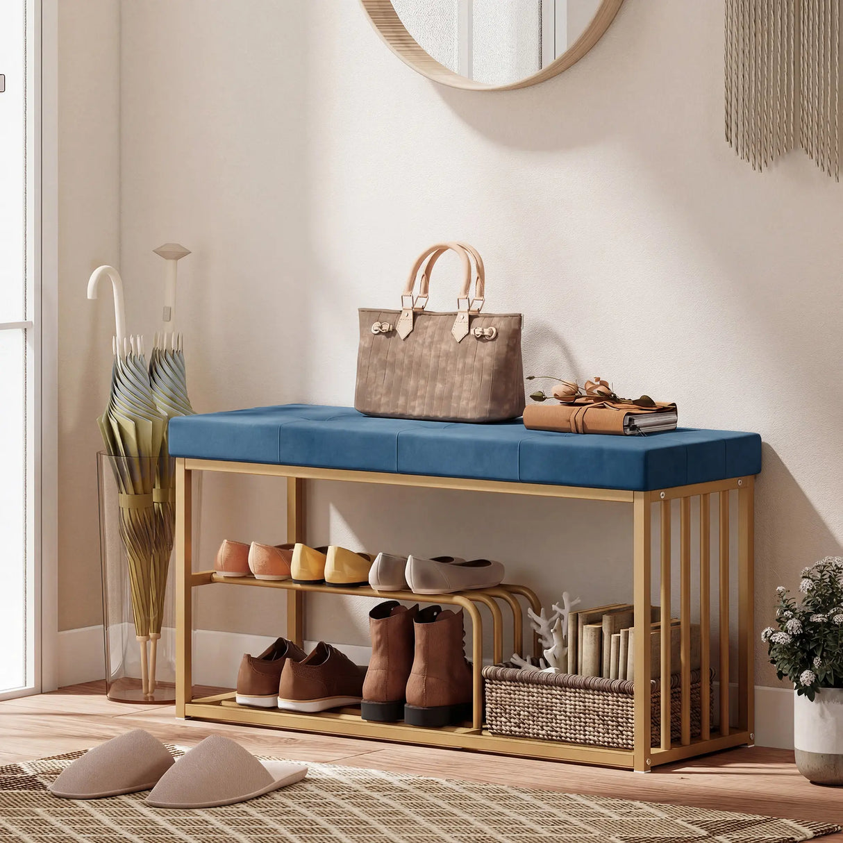 HOMCOM Bench and Shoe Storage, Tufted Shoe Storage Bench with Velvet Seat Cushion Gold Steel Frame for Entryway, Dark Blue
