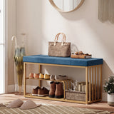 HOMCOM Bench and Shoe Storage, Tufted Shoe Storage Bench with Velvet Seat Cushion Gold Steel Frame for Entryway, Dark Blue
