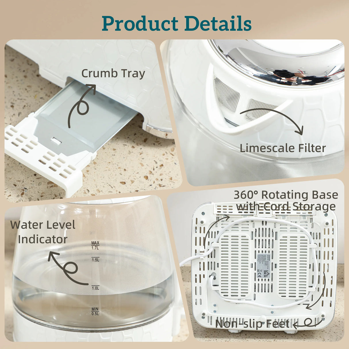 HOMCOM Kettle and Toaster Set, 1.7L 3000W Rapid Kettle with Strix Thermostat, 4 Slice Toaster with 7 Browning Controls, Cream