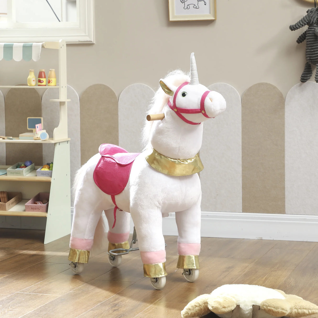 AIYAPLAY Kids Rocking Horse, Plush Walking Horse with Wheels, Ride On Unicorn Toy for Ages 3-5 Years Old, White