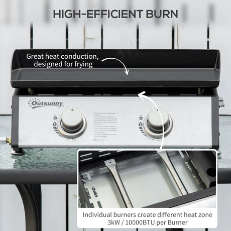 Outsunny Gas Plancha Barbecue Grill with 2 Stainless Steel Burner, 6kW, Portable Tabletop Gas BBQ with Non-Stick Griddle for Camping Picnic Garden Party Festival