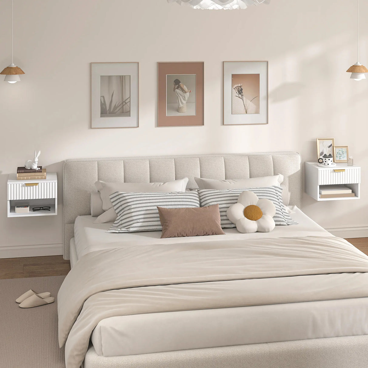 HOMCOM Floating Nightstands Set of 2, Modern Wall Mounted Bedside Tables with Fluted Drawer and Open Shelf for Bedroom, White