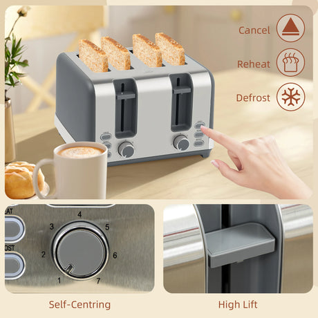 HOMCOM Stainless Steel Kettle and Toaster Set, 1.7L 3000W Rapid Boil Jug Kettle with UK Strix Thermostat, Limescale Filter, 4 Slice Toaster with 7 Browning Controls, Crumb Tray, Grey and Silver Tone