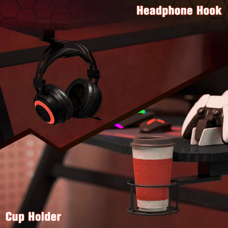 HOMCOM Gaming Desk 120 x 65 cm Steel Frame with Cup Holder, Headphone Hook, Adjustable Feet and Cable Organiser, Home Office Computer Table, Black