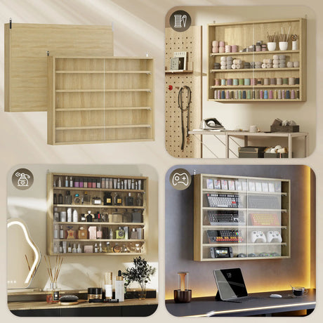 HOMCOM 5-Tier Wall Display Shelf Unit Cabinet w/ 4 Adjustable Shelves Glass Doors Home Office Ornaments 60x80cm Oak