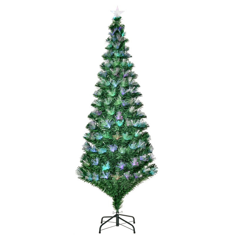 HOMCOM 6FT Multicoloured Artificial Christmas Tree w/ Fibre Optic Lights Pre-Lit Modes Metal Stand Star Holder Home Seasonal Decoration