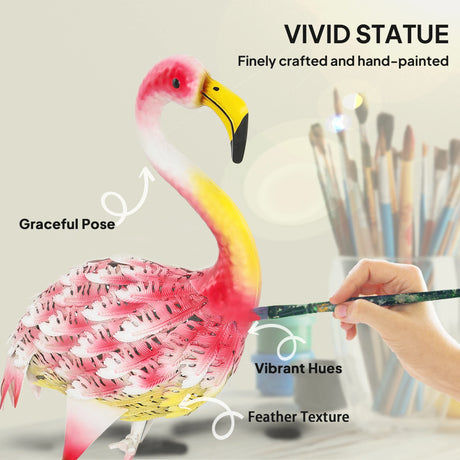 Outsunny Flamingo Garden Statue Ornament, Metal Bird Art Outdoor Statue, Standing Garden Sculpture Gift with Ground Stakes for Pond Landscape Decoration, Pink