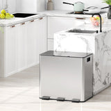 HOMCOM 3 x 15L Pedal Bin, Steel Triple Kitchen Bin with Soft Close Lid, Removable Inner Buckets, Fingerprint-Proof, Silver