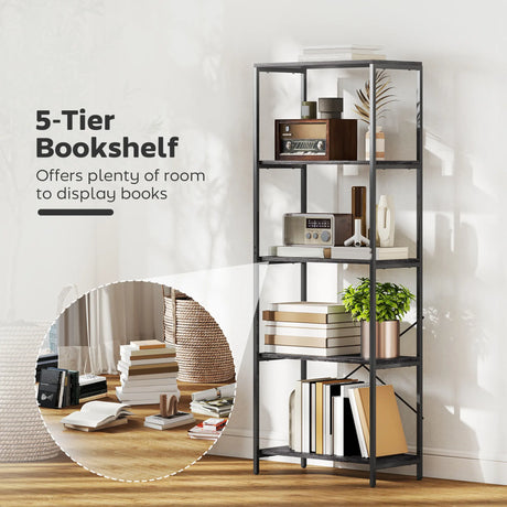HOMCOM 5-Tier Bookshelf, Industrial Bookcase with Metal Frame - Dark Grey and Black