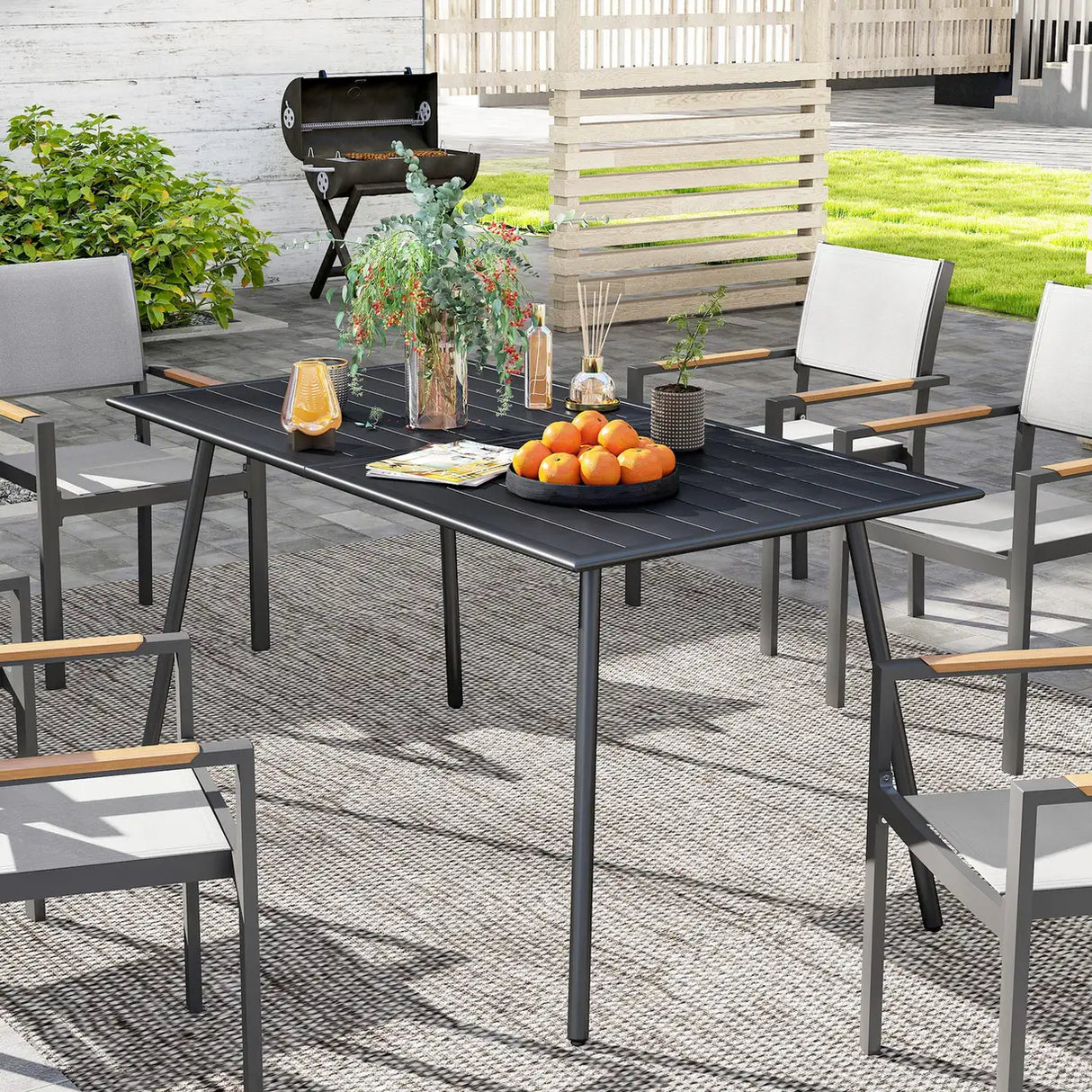 Outsunny Rectangle Garden Table with Slat Top, Steel Frame, Outdoor Table for 6 Person, 150 x 80 x 74 cm, Black