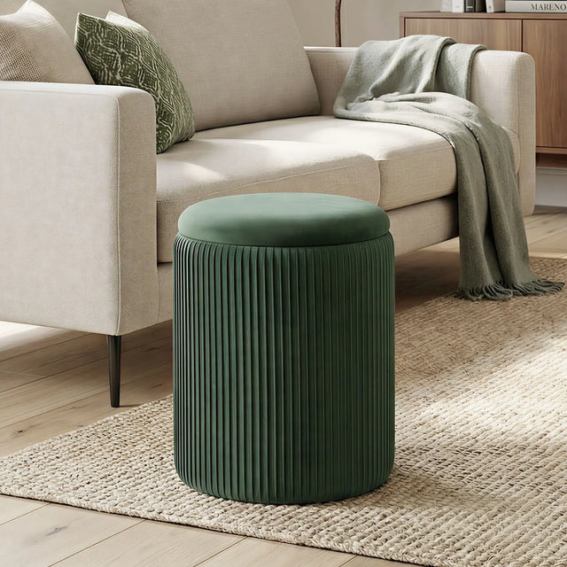 HOMCOM Storage Ottoman Modern Velvet Round Foot Stool for Living Room Bedroom 45 cm Dark Green