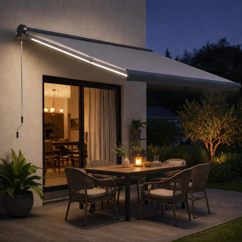 Outsunny 3.5 x 3m LED Light Full Cassette Case Electric Awning for Home Sun Shade with 40m Remote Controller, Grey