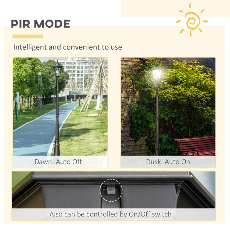 Outsunny 2.4 m Garden Lamp Post Light, LED Solar Powered Patio Path Lighting Lamp with Aluminium Frame, PIR Motion Sensor for Lawn, Pathway, Driveway, Black