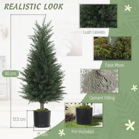 HOMCOM Artificial Plants Outdoor, 90 cm Fake Cypress Tree with Plastic Pots, UV-Resistant Faux Plants for Garden Front Porch Decoration, 2 Pack