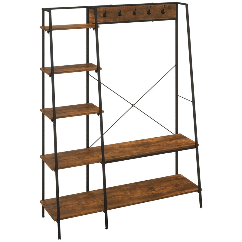 HOMCOM Clothes Rail, Metal Clothes Rack with Shoe Rack, 5 Tier Storage Shelves, 5 Side Hooks, Coat Stand for Bedroom, Living Room, Hallway, Rustic Brown and Black