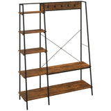 HOMCOM Clothes Rail, Metal Clothes Rack with Shoe Rack, 5 Tier Storage Shelves, 5 Side Hooks, Coat Stand for Bedroom, Living Room, Hallway, Rustic Brown and Black