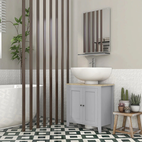 kleankin Under Sink Cabinet, Bathroom Sink Cabinet with 2 Doors, Pedestal Under Sink Design, Freestanding Bathroom Cupboard with Adjustable Shelf, Grey