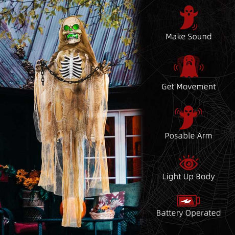 HOMCOM 6' Hanging Skeleton Ghost Halloween Animatronic, with Glowing Eyes and Chest