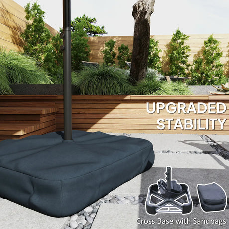 Outsunny Patio Umbrella Double-Sided Outdoor Umbrella with Solar Lights Base, Khaki