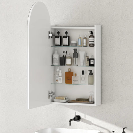 HOMCOM Arched Bathroom Mirror Cabinet with Adjustable Glass Shelves - White