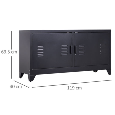 HOMCOM Steel TV Stand Cabinet, Industrial TV Unit for TVs up to 50", TV Table with 2 Doors, Adjustable Shelf and 4 Cable Holes for Living Room, Black