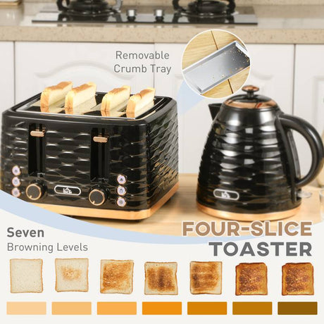 HOMCOM Kettle and Toaster Sets, 3000W 1.7L Rapid Boil Kettle & 4 Slice Toaster with 7 Browning Controls, Defrost, Reheat and Crumb Tray, Otter thermostat, Black