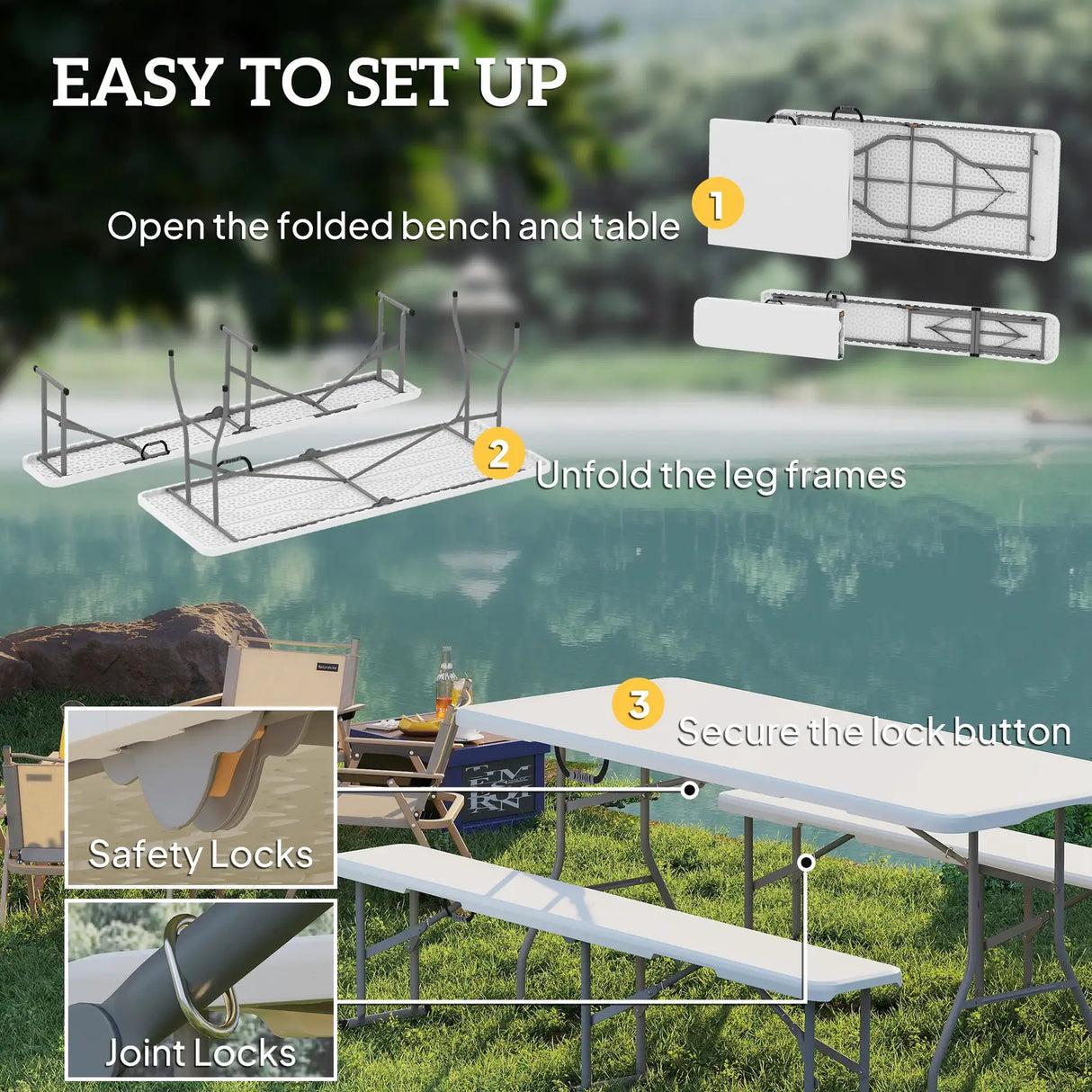 Outsunny Three-Piece Folding Picnic Table and Bench Set - White