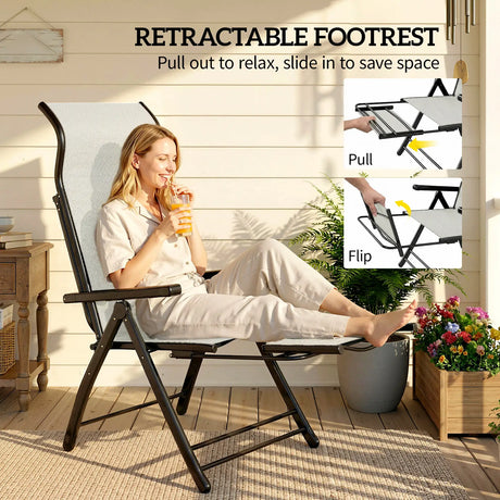 Outsunny Reclining Garden Chairs Set of 2, 5-Position Folding Sun Loungers with High Back, Retractable Footrest, Light Grey