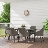 Outsunny 6 Seater Rattan Dining Set with Cushions, Garden Furniture Set with Armchairs, Rectangle Slatted Table Top, Steel Frame, Parasol Hole, Wicker Outdoor Furniture for Patio, Balcony, Grey