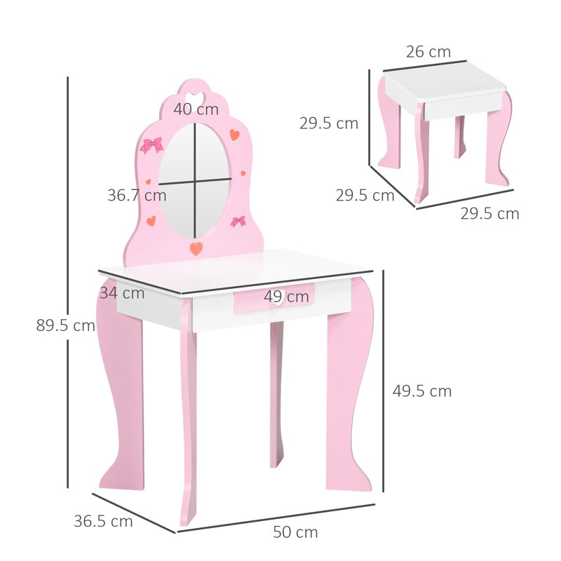 ZONEKIZ Kids Dressing table Set w/ Mirror, Stool, Drawer, Cute Patterns, for Ages 3-6 Years - Pink