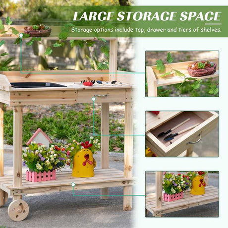 Outsunny Garden Potting Bench Table, Wooden Work Station, Outdoor Planting Workbench with 2 Wheels, Sink, Drawer & Large Storage Spaces, 92x45x119cm