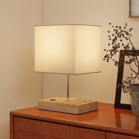 HOMCOM Bedside Lamp with USB A+C Charging Ports and 3 Phone Stands, Modern Table Lamp with Solid Wood Base and Fabric Shade for Bedroom Living Room Office, E27 Socket, Bulb Not Included, White