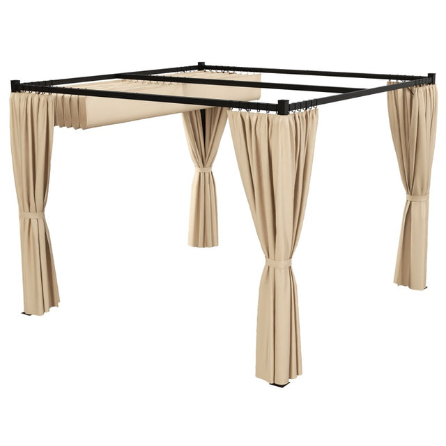 Outsunny 3 x 3(m) Retractable Pergola, Garden Gazebo Shelter with Curtains, for Grill, Patio, Deck, Beige