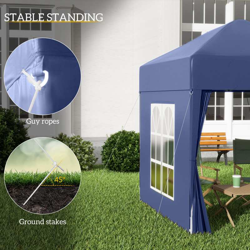 Outsunny 2 x 2 m Garden Pop Up Gazebo, Wedding Party Tent Marquee, Water Resistant Awning Canopy with Sidewalls, Windows, Carry Bag, Blue