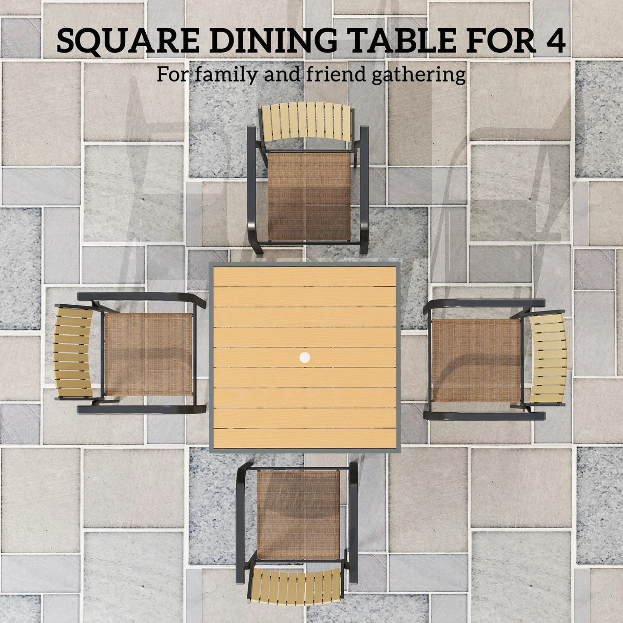 Outsunny Garden Table for 4, 90 cm Rectangular Outdoor Dining Table with 4.2 cm Umbrella Hole, Wood Effect Top, Rust Resistant Frame, for Patio, Balcony, Terrace, Natural Wood Finish