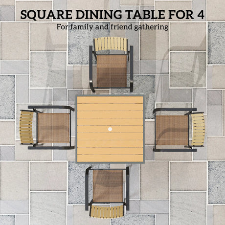 Outsunny Garden Table for 4, 90 cm Rectangular Outdoor Dining Table with 4.2 cm Umbrella Hole, Wood Effect Top, Rust Resistant Frame, for Patio, Balcony, Terrace, Natural Wood Finish