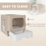 PawHut Foldable Cat Litter Box with Lid, Slide-Out Drawer, Scoop, Easy Clean, Odour Control, Anti-Splashing, Khaki