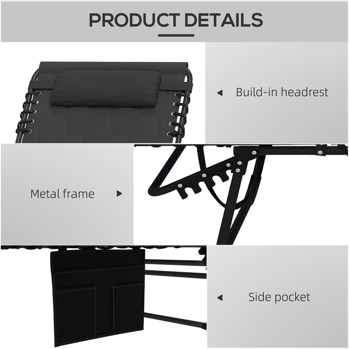 Outsunny Padded Sun Lounger, with Five-Position Reclining Back - Black